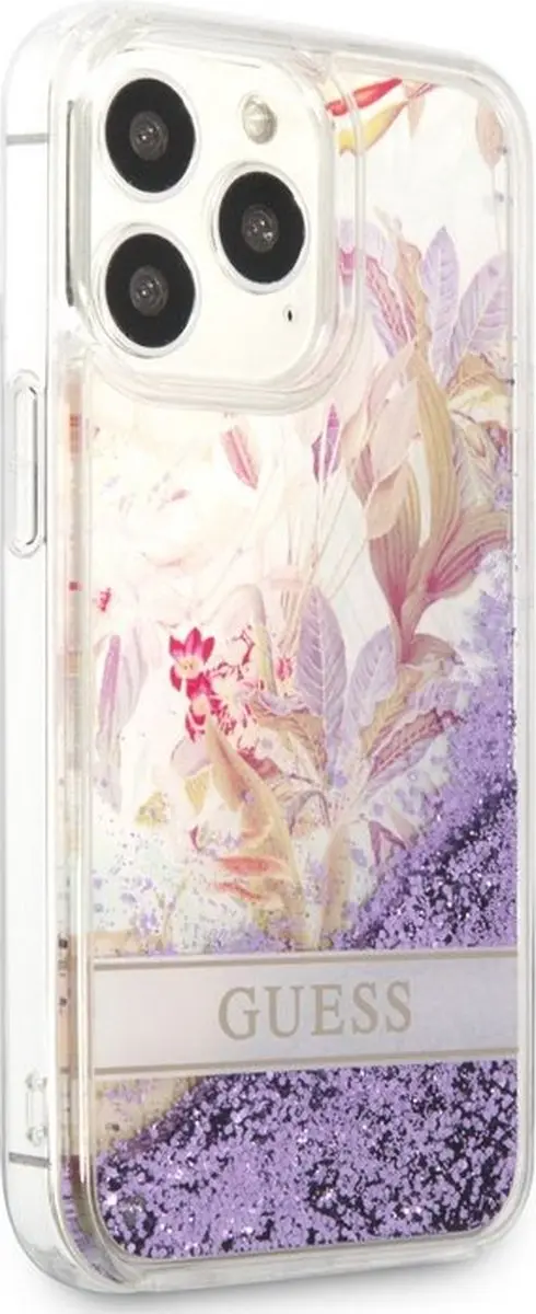 GUESS Flower Liquid Glitter Hoesje - iPhone 13 Pro - Paars