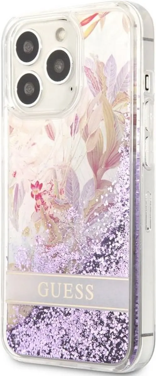 GUESS Flower Liquid Glitter Hoesje - iPhone 13 Pro - Paars