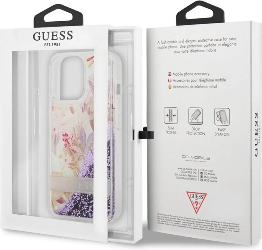 GUESS Flower Liquid Glitter Hoesje - iPhone 13 Pro - Paars
