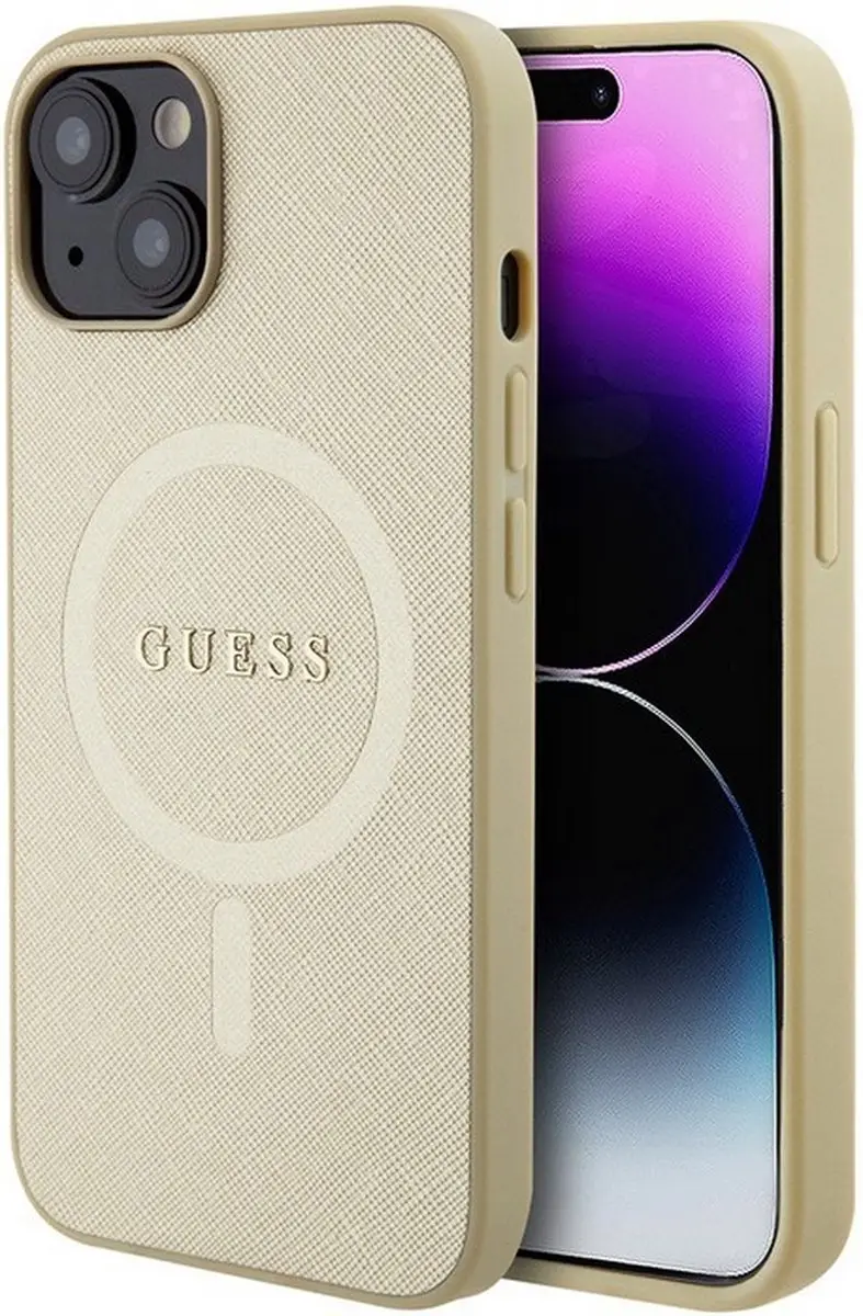 Guess Saffiano Back Case MagSafe - iPhone 15 Plus - Goud