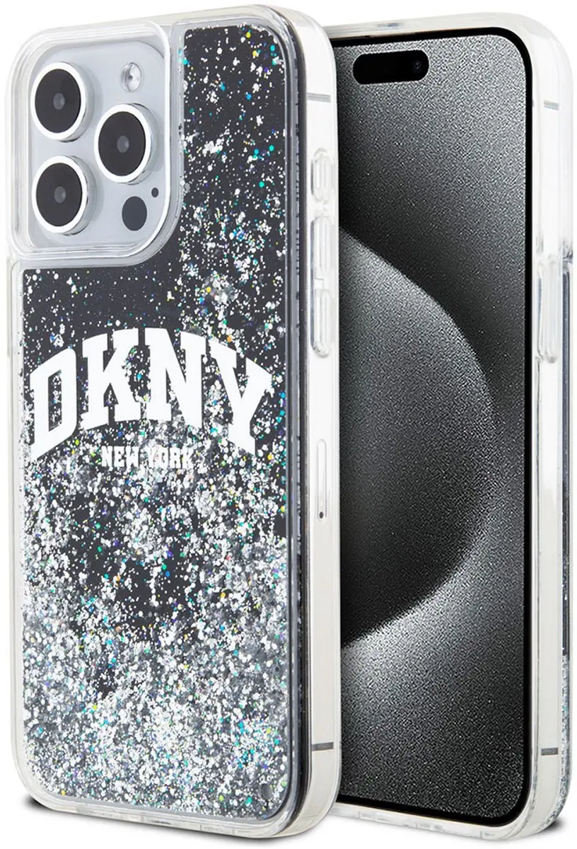 DKNY Liquid Glitter Arch Logo Back Case - iPhone 15 Pro Max - Zwart/Zilver