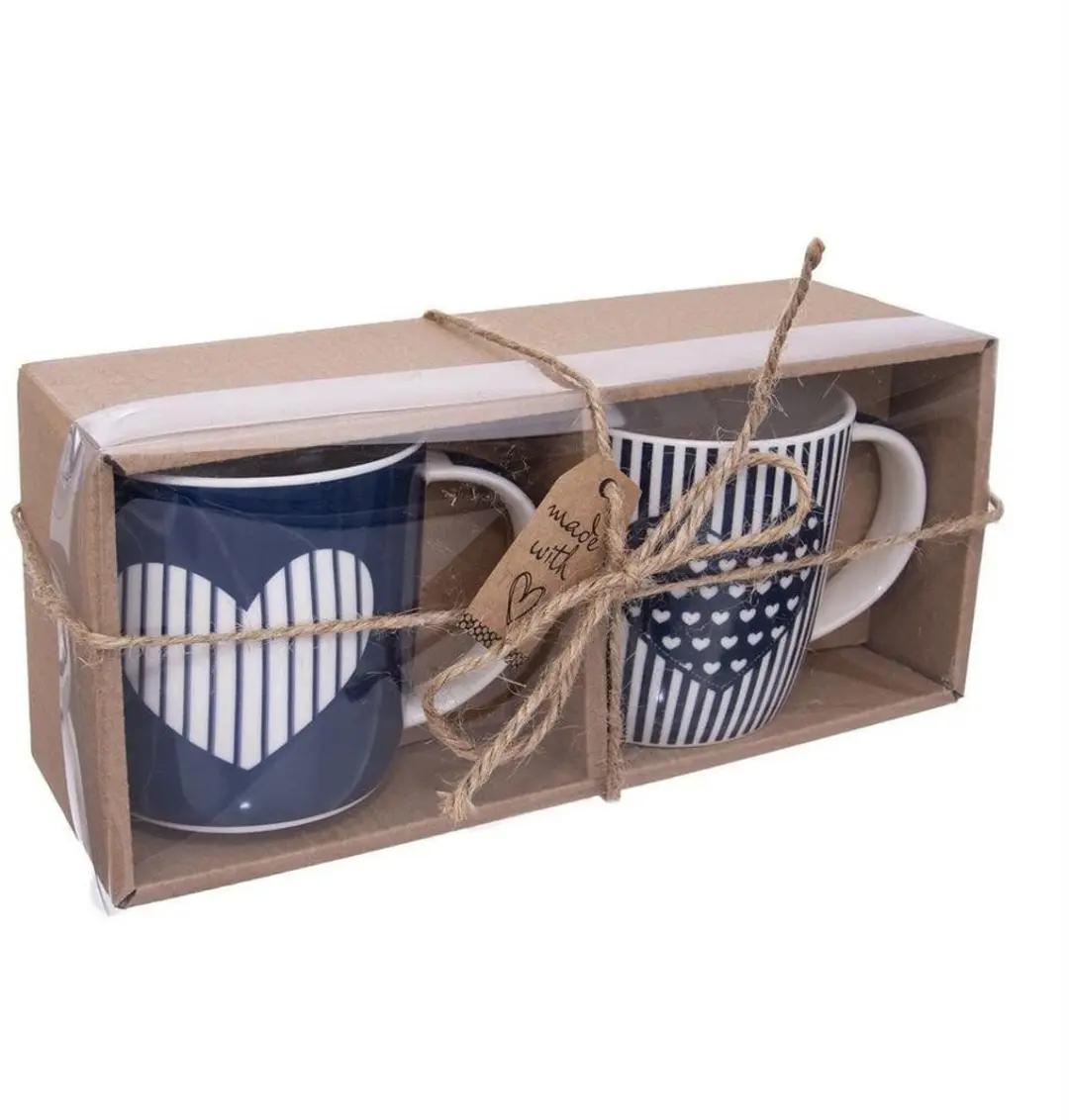 Orion Porseleinen Kopjes 390ml Set van 2 - Hartdecor - Blauw/Grijs/Wit