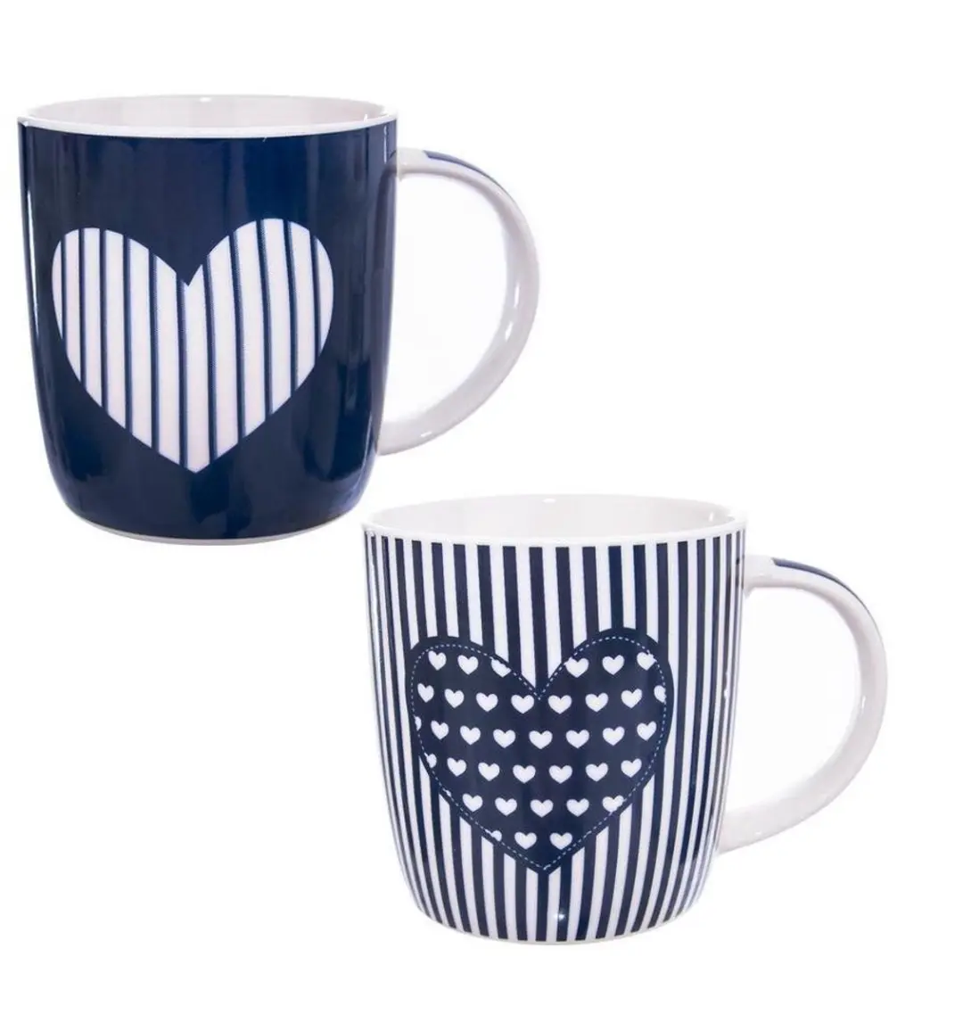 Orion Porseleinen Kopjes 390ml Set van 2 - Hartdecor - Blauw/Grijs/Wit