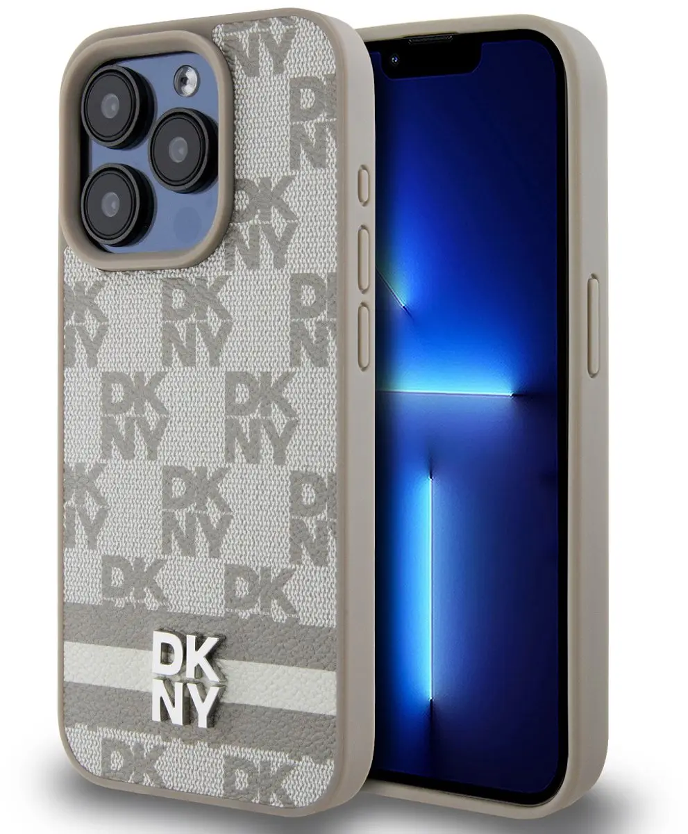 DKNY Checkered Printed Stripe Hoesje - iPhone 13 Pro Max - Beige