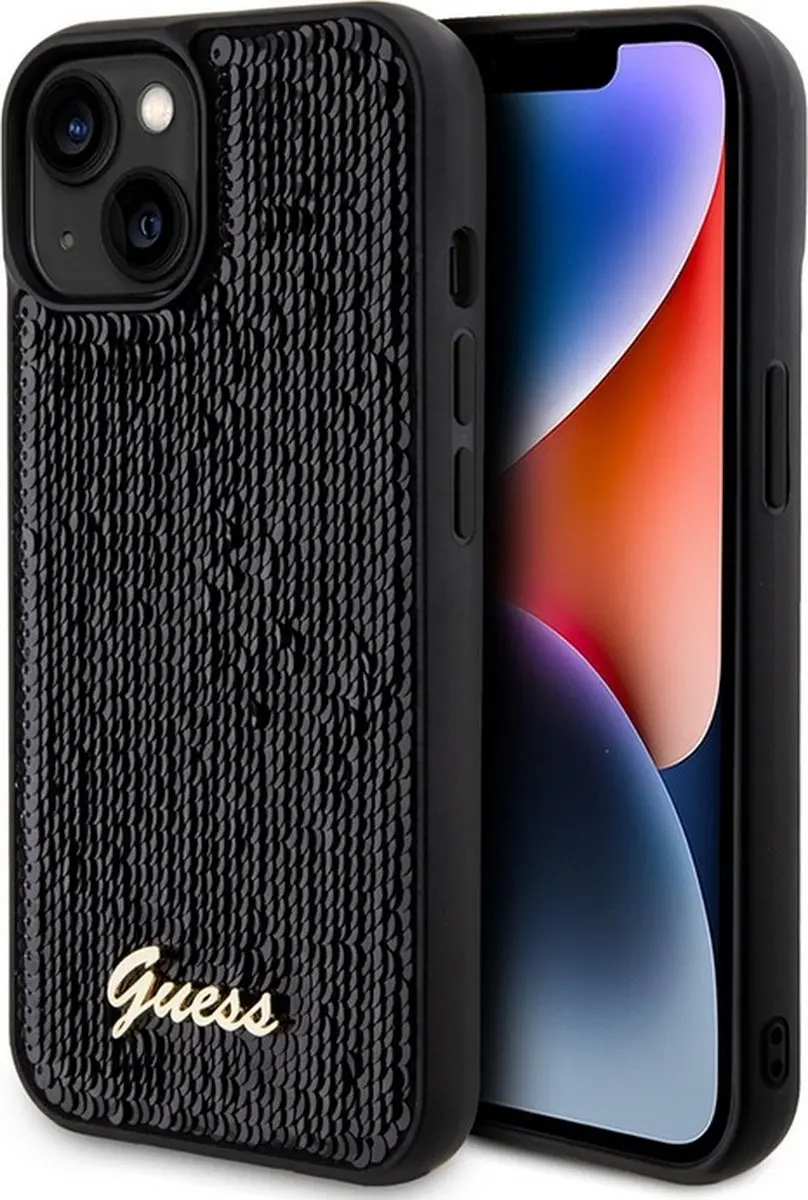GUESS Sequins Script Logo Hoes - iPhone 15 - Zwart
