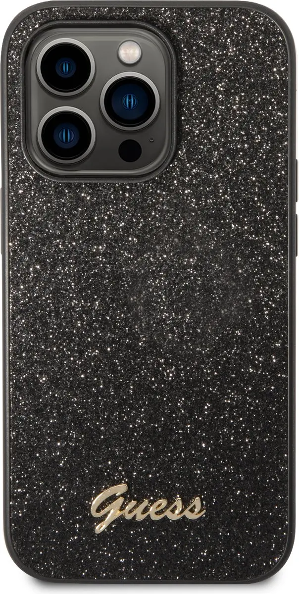 Guess Hoesje iPhone 14 Pro Glitter Script - Zwart - 3666339065140