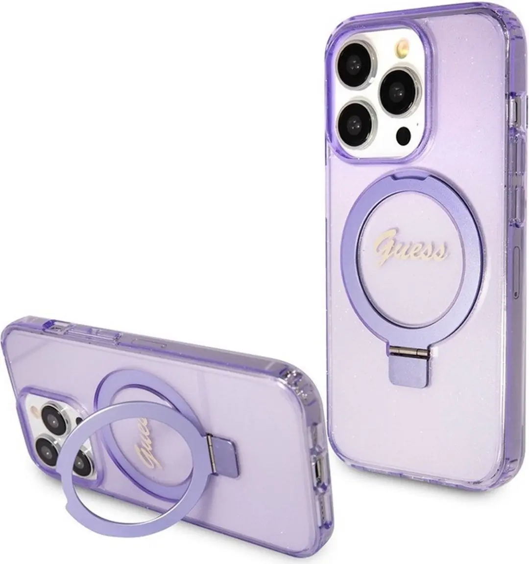 GUESS Ring Glitter Back Case - Paars - MagSafe - iPhone 15 Pro Max