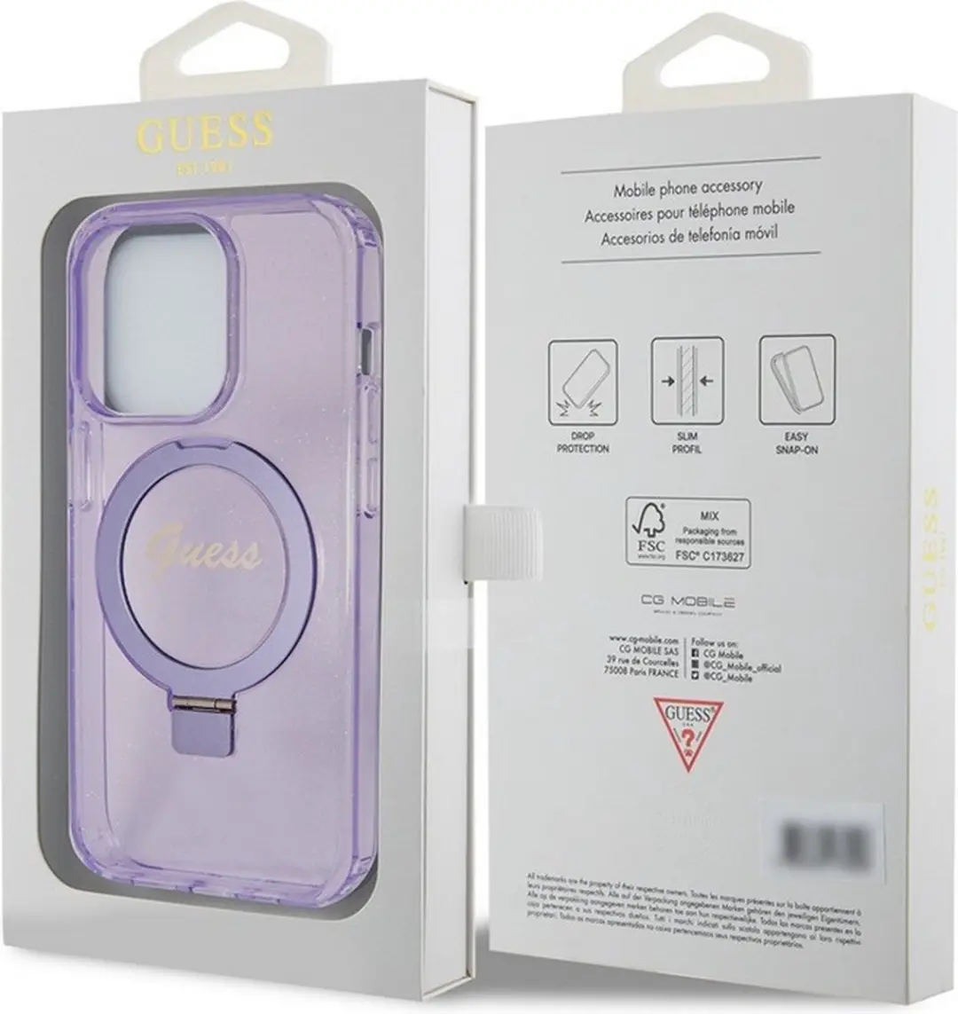 GUESS Ring Glitter Back Case - Paars - MagSafe - iPhone 15 Pro Max