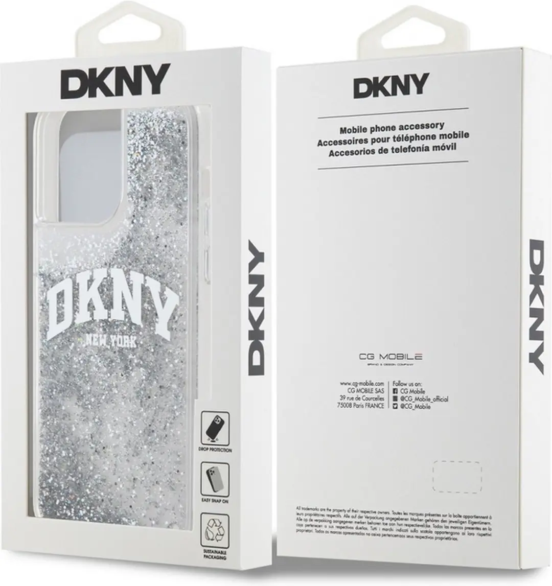 DKNY Liquid Glitter Arch Logo Back Case - iPhone 15 Pro Max - Wit/Zilver