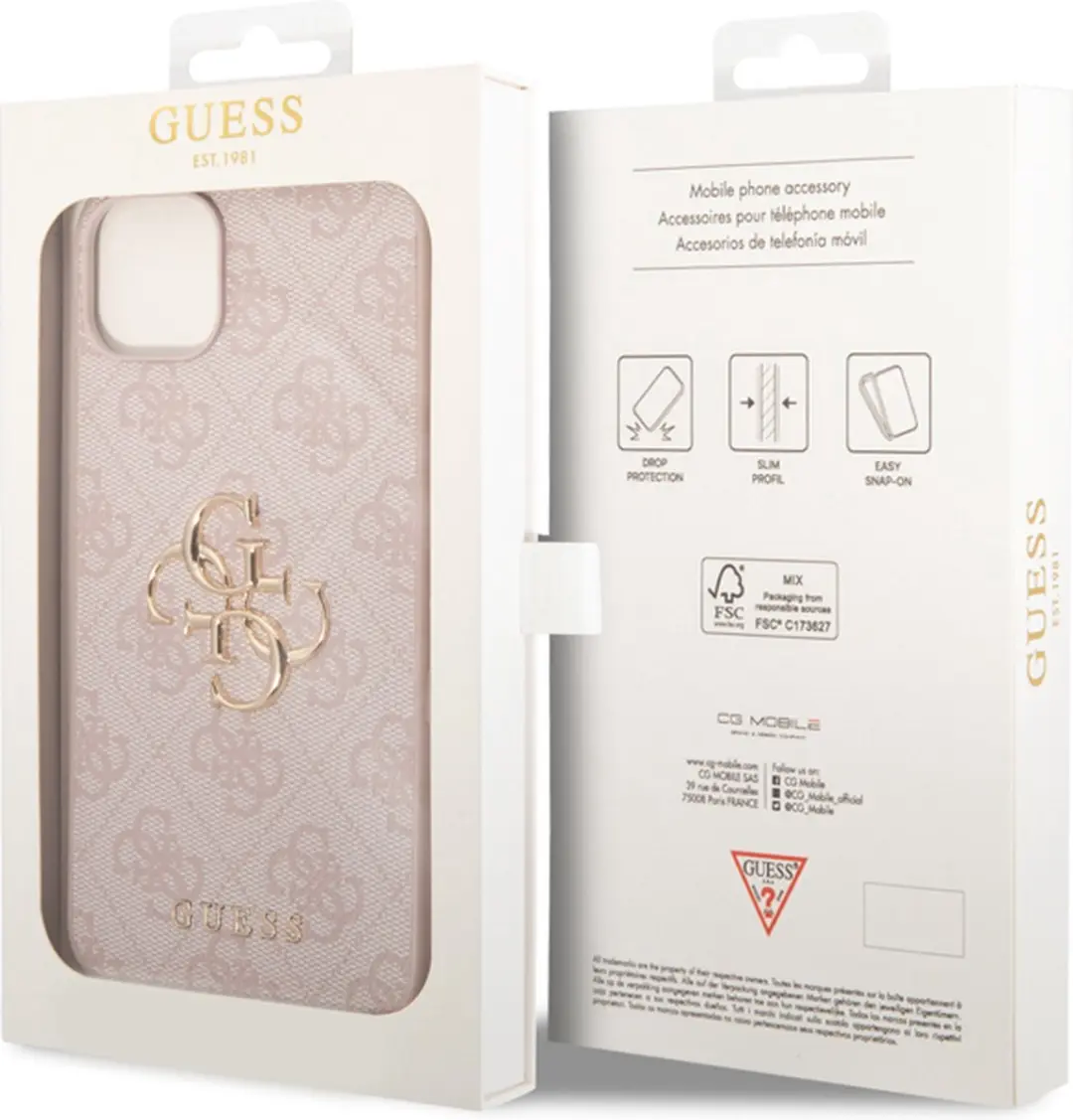 GUESS iPhone 15 Hoesje - Roze Metal Logo