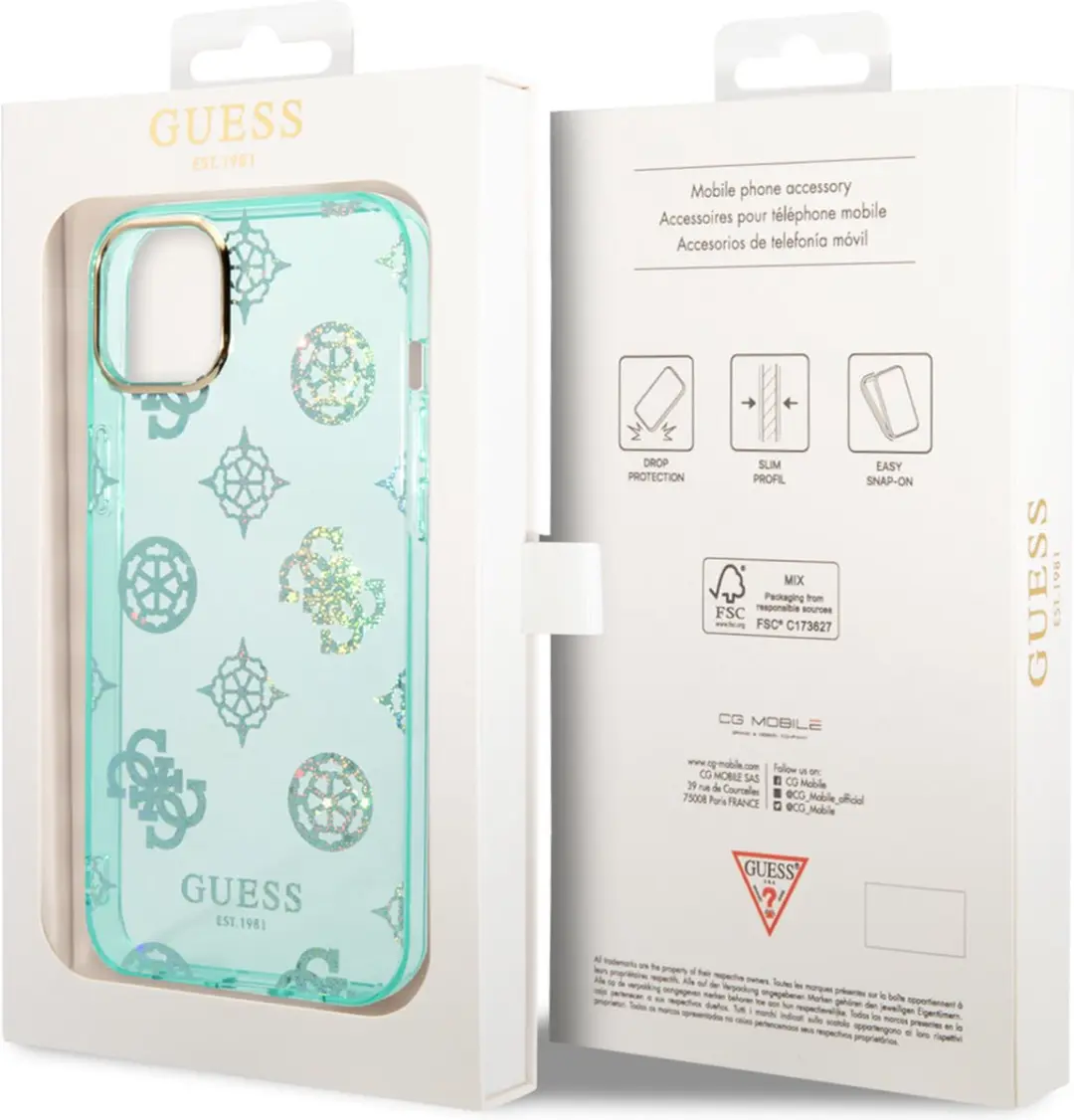 GUESS iPhone 14 Plus Hardcover - Peony Glitter - Turquoise - afbeelding 6 van 6
