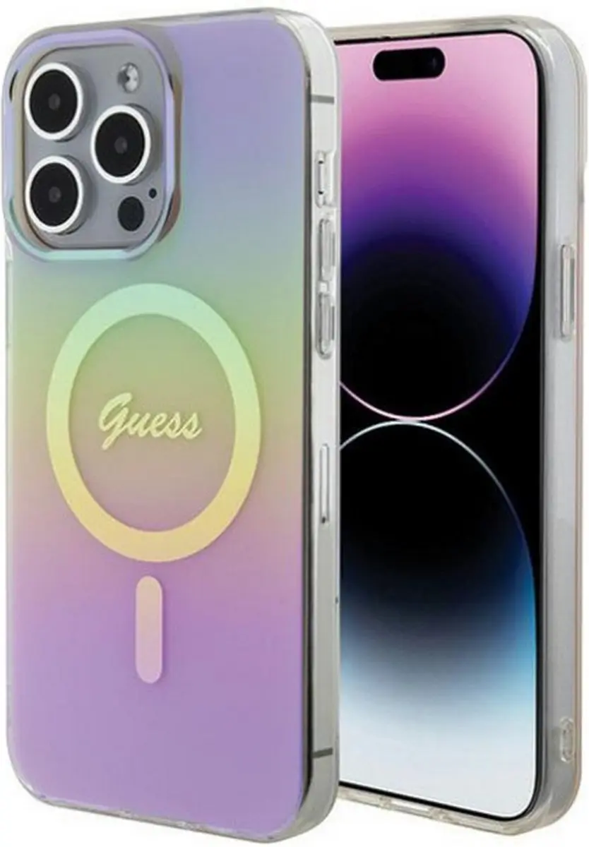 Guess Iridescent Script Back Case - iPhone 15 Pro MagSafe Roze