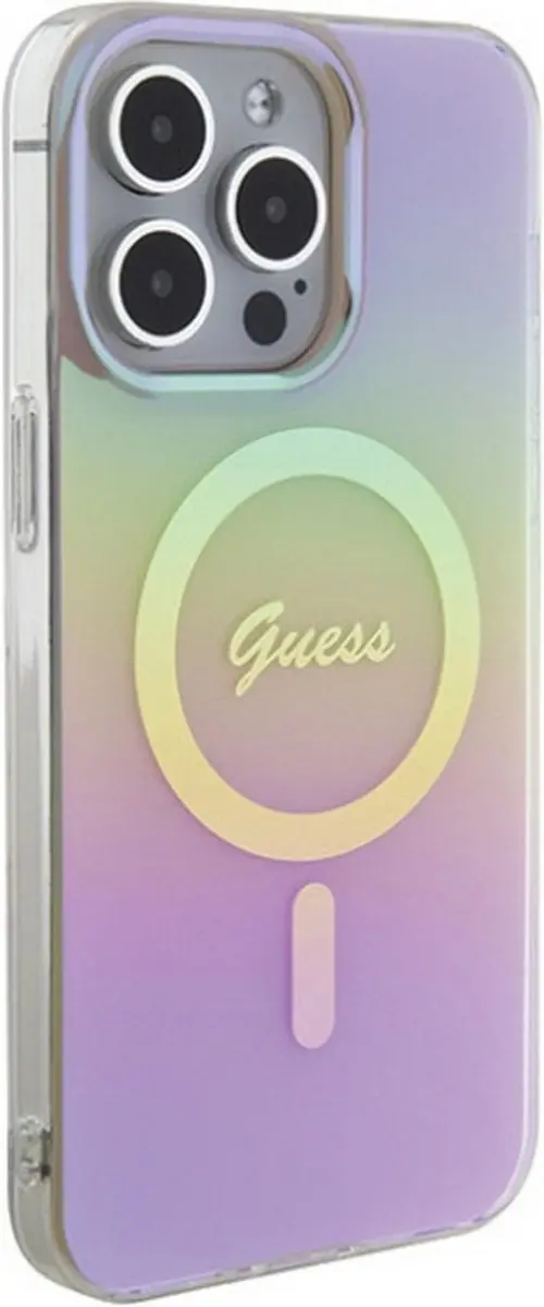 Guess Iridescent Script Back Case - iPhone 15 Pro MagSafe Roze
