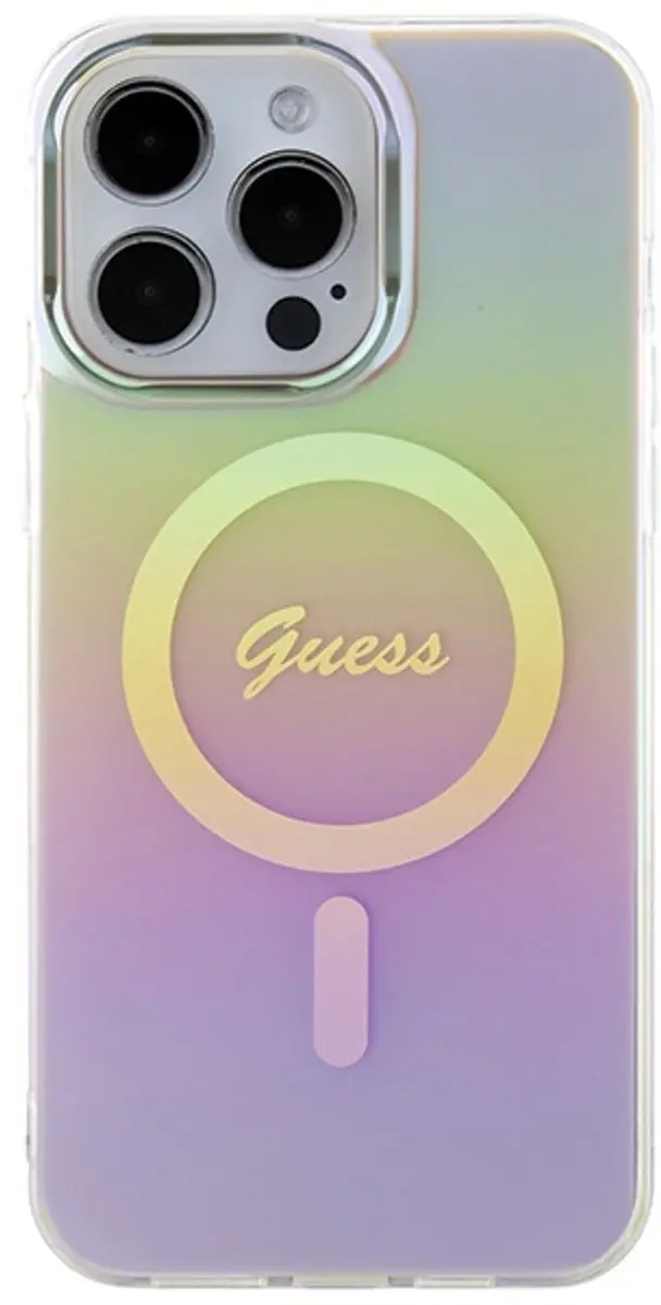 Guess Iridescent Script Back Case - iPhone 15 Pro MagSafe Roze
