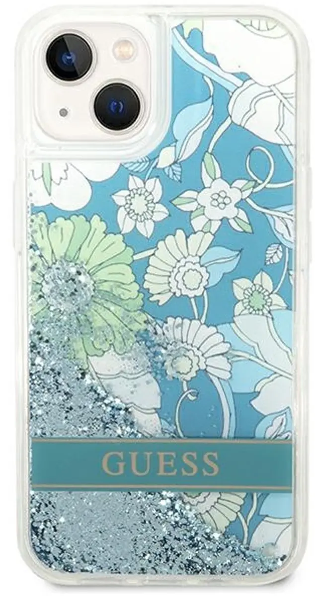 Guess Flower Liquid Glitter Hoesje iPhone 14 - Groen