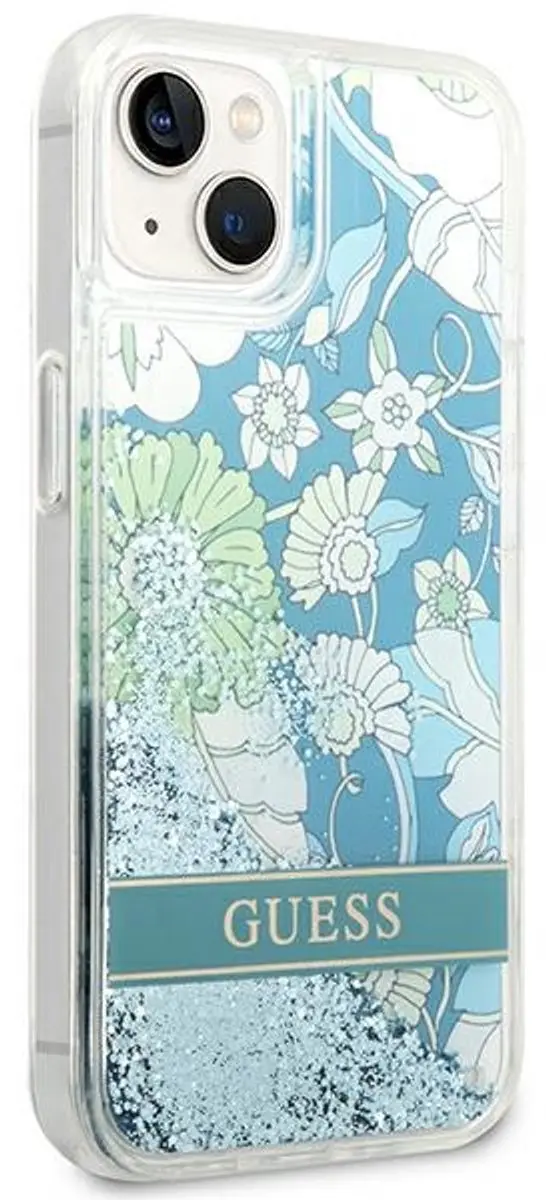 Guess Flower Liquid Glitter Hoesje iPhone 14 - Groen