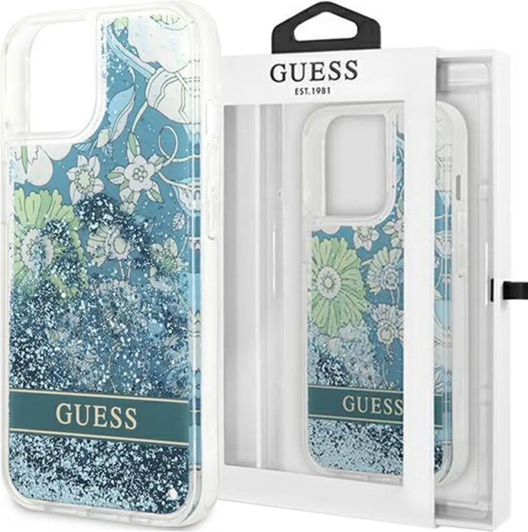 Guess Flower Liquid Glitter Hoesje iPhone 14 - Groen
