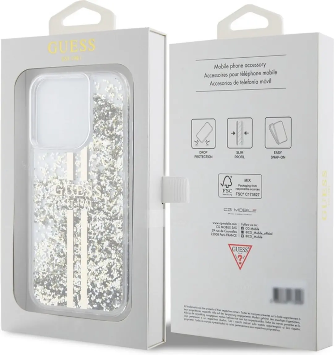 GUESS Liquid Glitter Gold Stripe Back Case - iPhone 15 Pro Max - Transparant