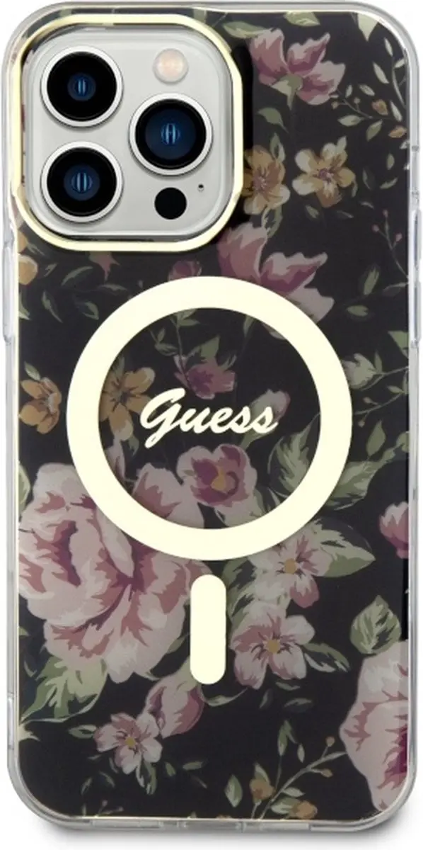 GUESS Flower MagSafe Hoesje - iPhone 14 Pro Max - Zwart