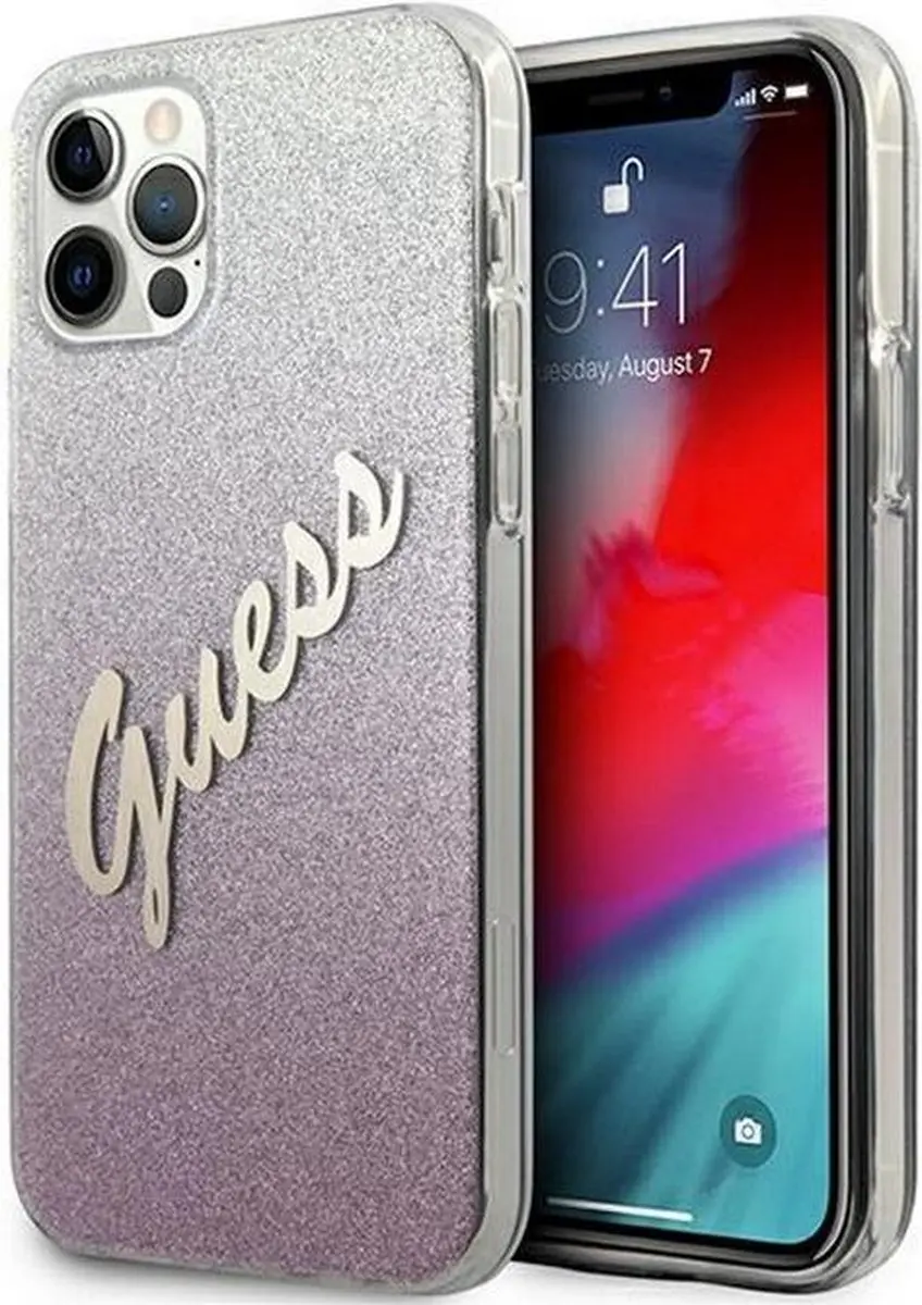 GUESS Gradient Vintage Glitter Hoesje iPhone 12 Pro Max - Roze