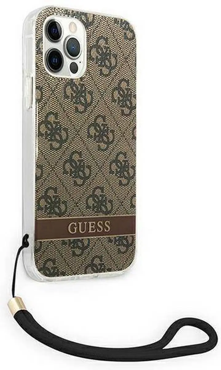 GUESS 4G Printed Stripe Back Case met Strap - iPhone 12/12 Pro - Bruin