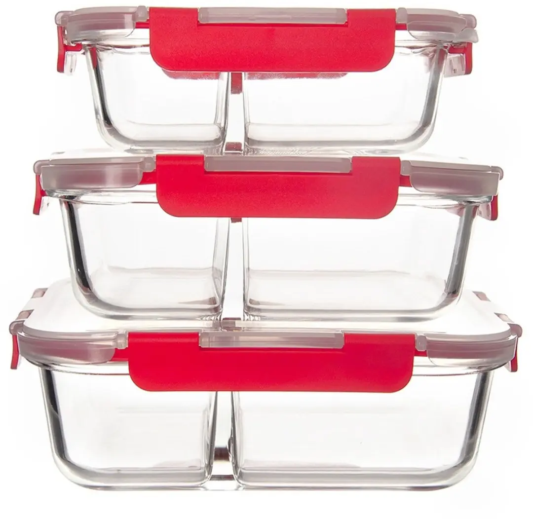 Orion Glazen Voedselcontainer 550ml - Scheidbaar - Rood/Transparant