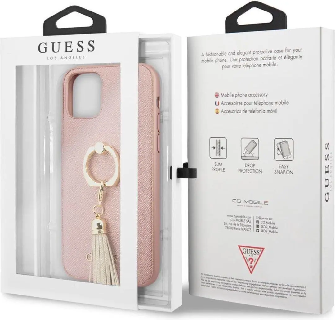 Guess Saffiano Ring Back Cover - iPhone 12 Pro Max Roze