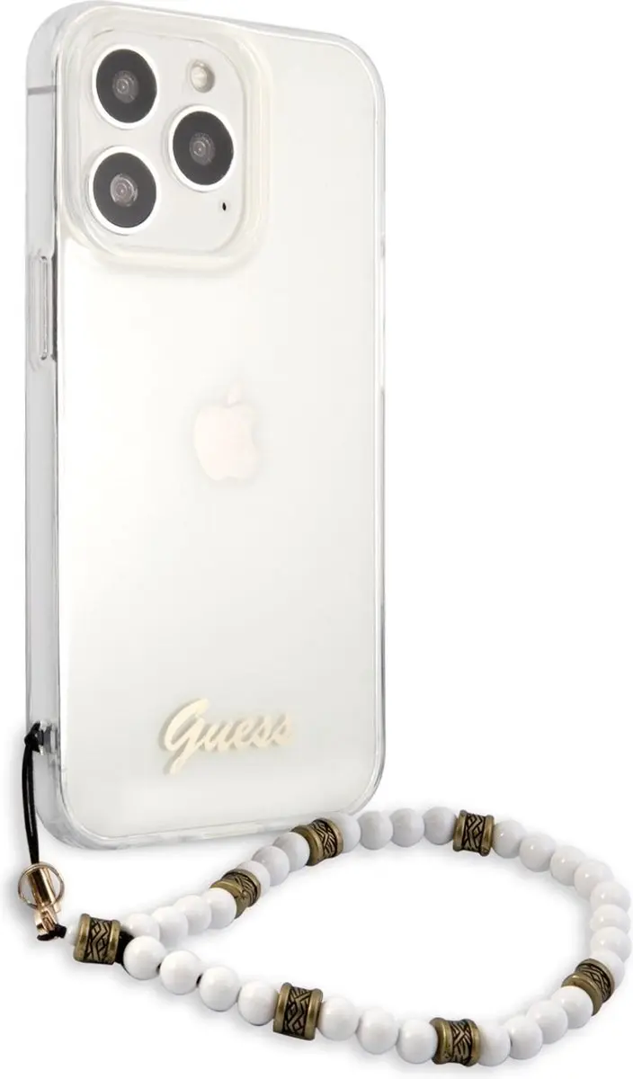 Guess PC Script Back Case - iPhone 13 Pro - Transparant met Witte Parels