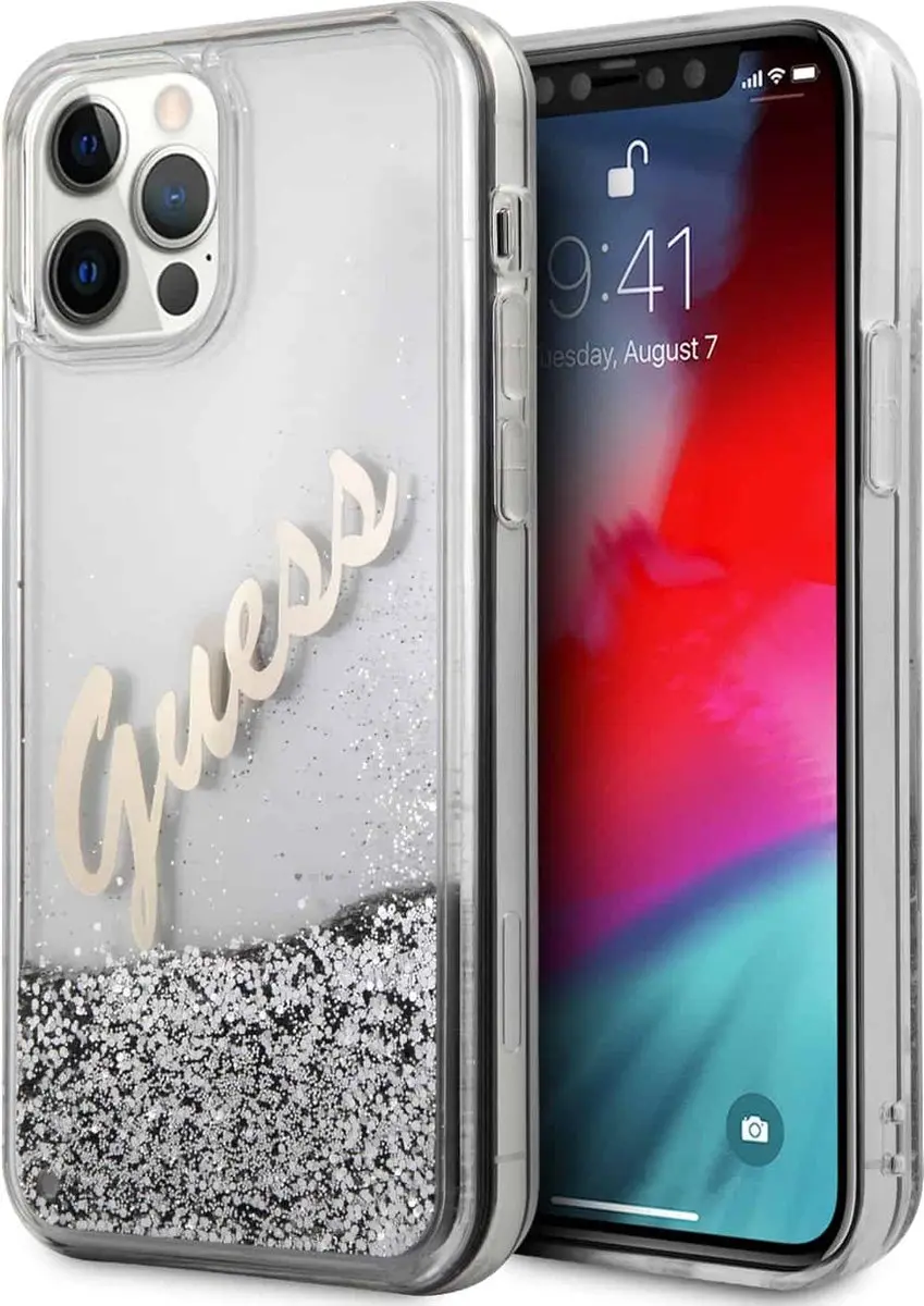 Guess Liquid Glitter Vintage Backcase iPhone 12 Pro Max - 6824 - Grijs