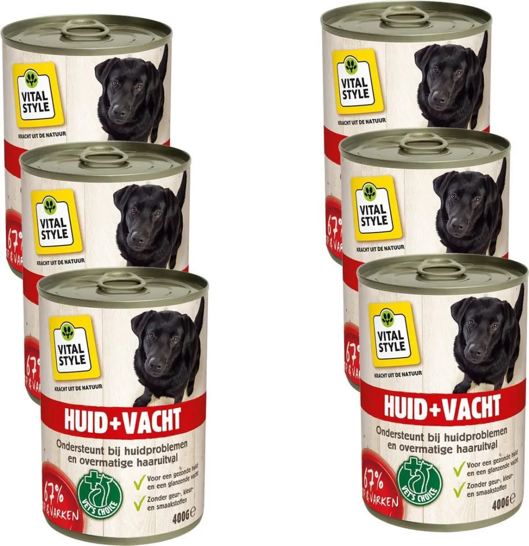 Vitastyle Blik Huid + Vacht Hondenvoer 6 x 400g - Kip & Varken