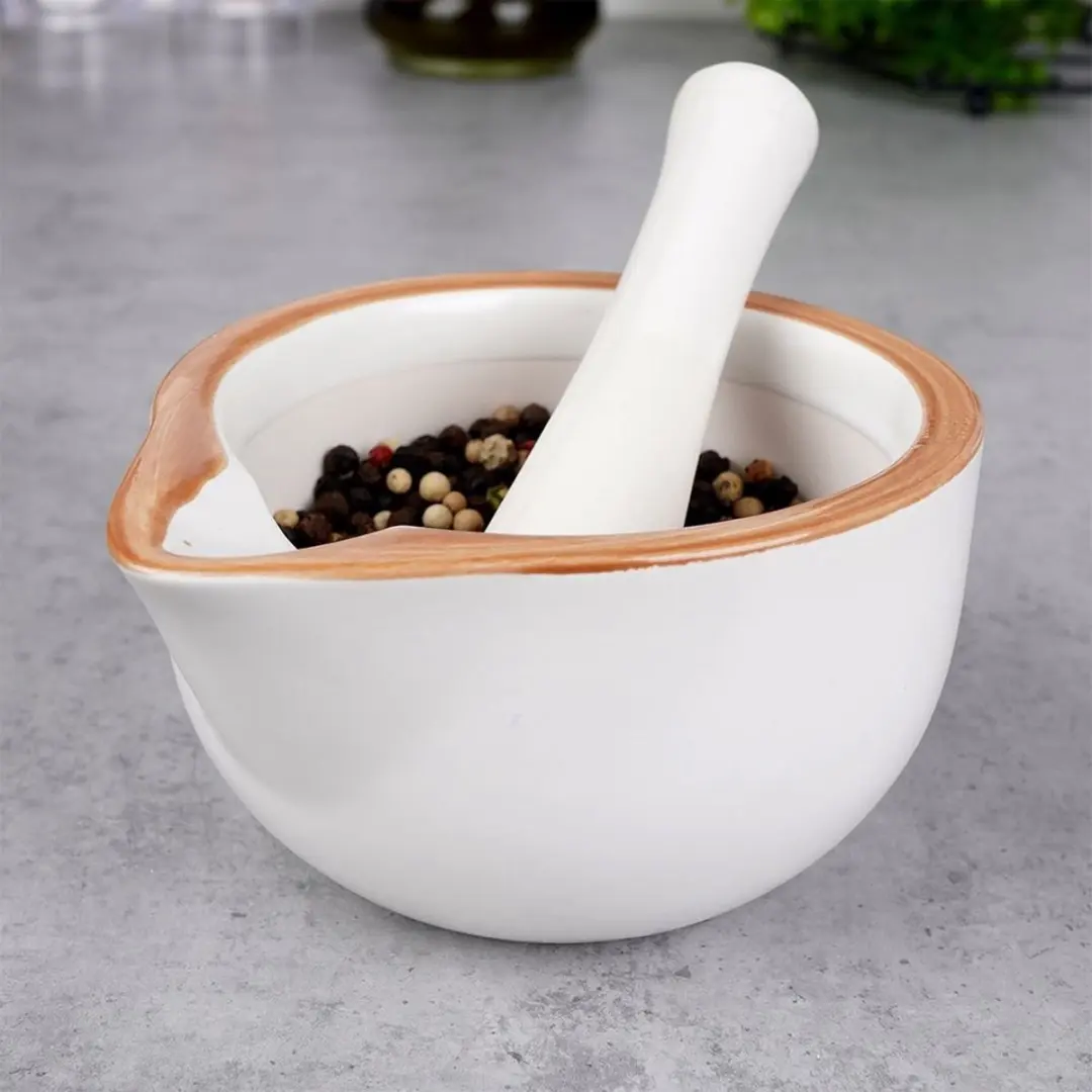 Excellent Houseware Vijzel en Mortel Aardewerk Ø12cm - Crème - afbeelding 2 van 6
