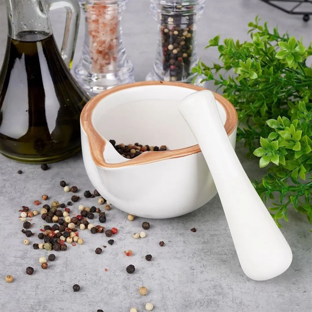 Excellent Houseware Vijzel en Mortel Aardewerk Ø12cm - Crème - afbeelding 4 van 6