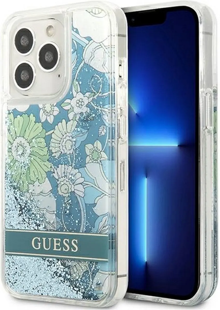 GUESS Flower Liquid Glitter Hoesje iPhone 13 Pro - Groen