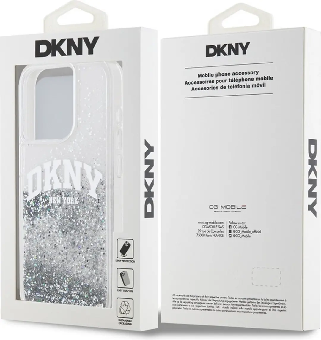 DKNY Liquid Glitter Arch Logo Back Case - iPhone 14 Pro - Wit/Zilver