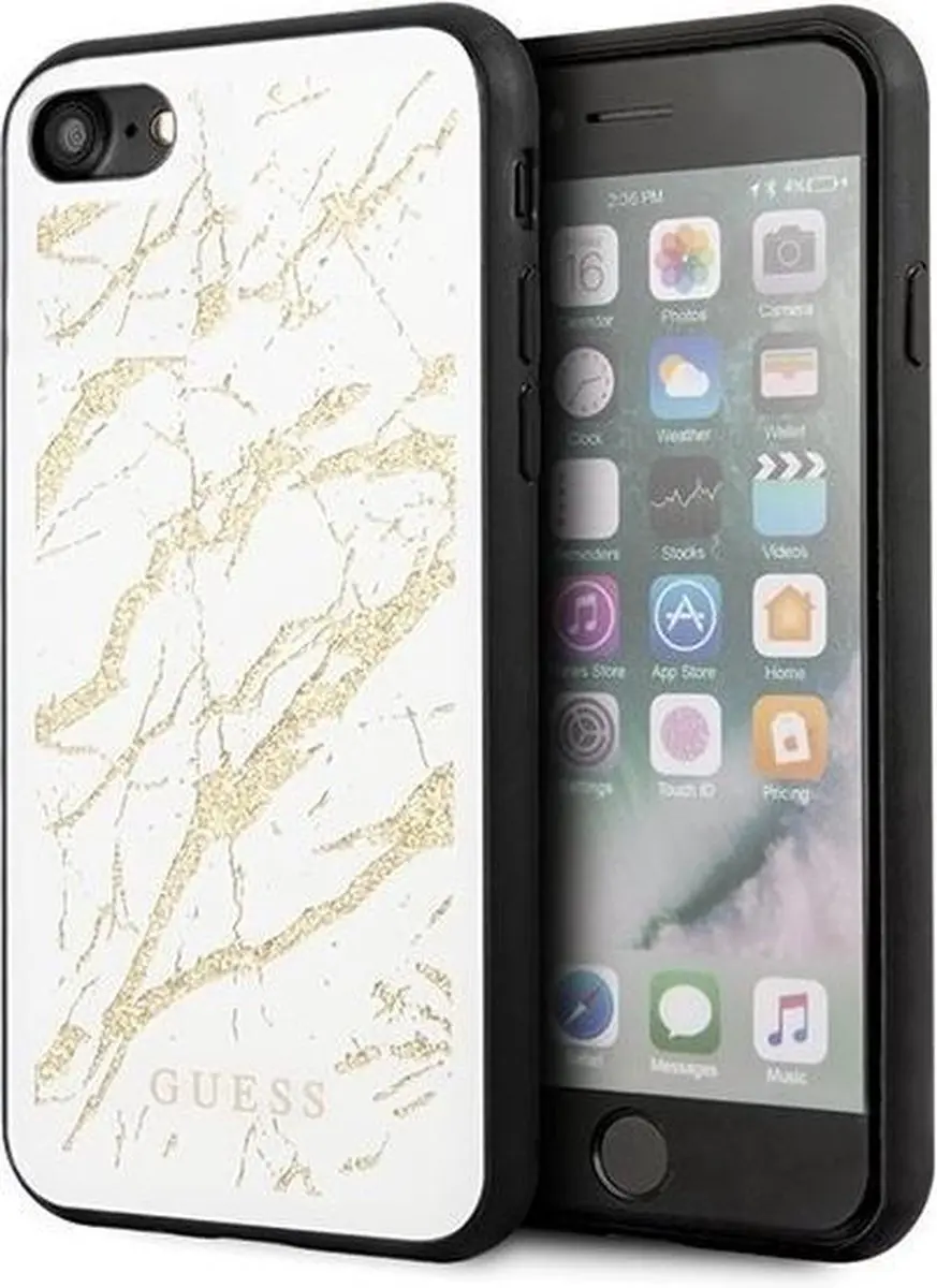 GUESS Marble Glas Hoesje - iPhone 7/8/SE (2020) - Wit/Goud