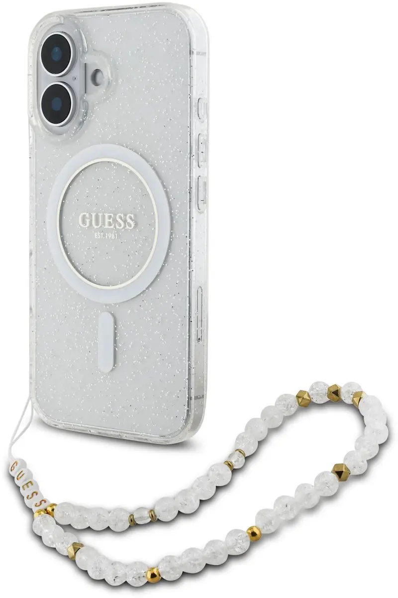 Guess IML Glitter Beads iPhone 16 Hoesje - Transparant - MagSafe