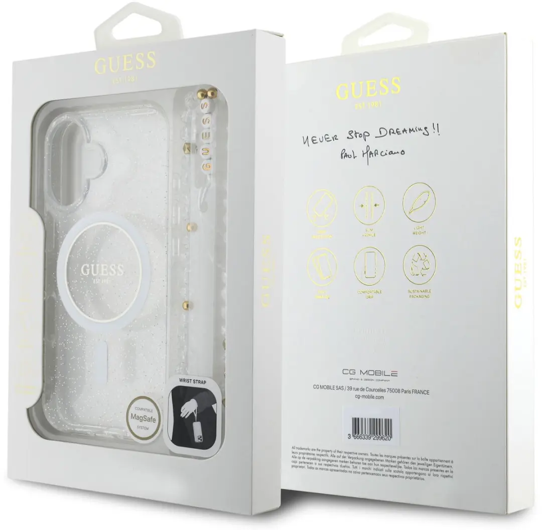 Guess IML Glitter Beads iPhone 16 Hoesje - Transparant - MagSafe