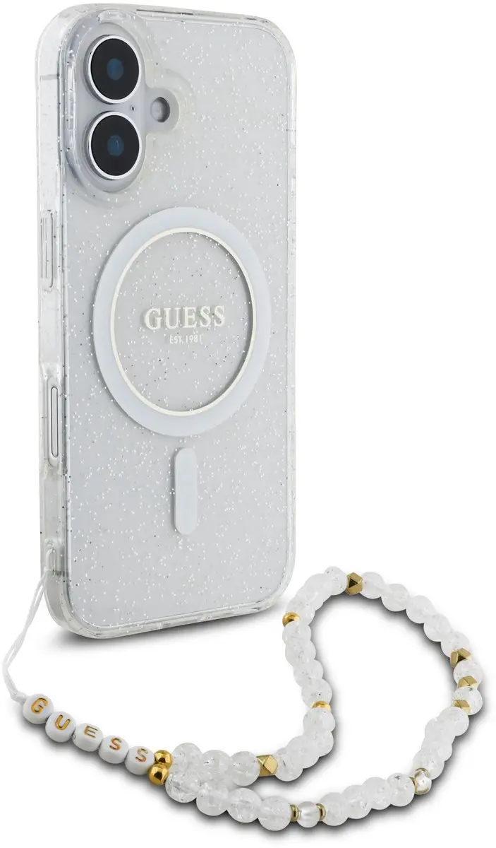 Guess IML Glitter Beads iPhone 16 Hoesje - Transparant - MagSafe