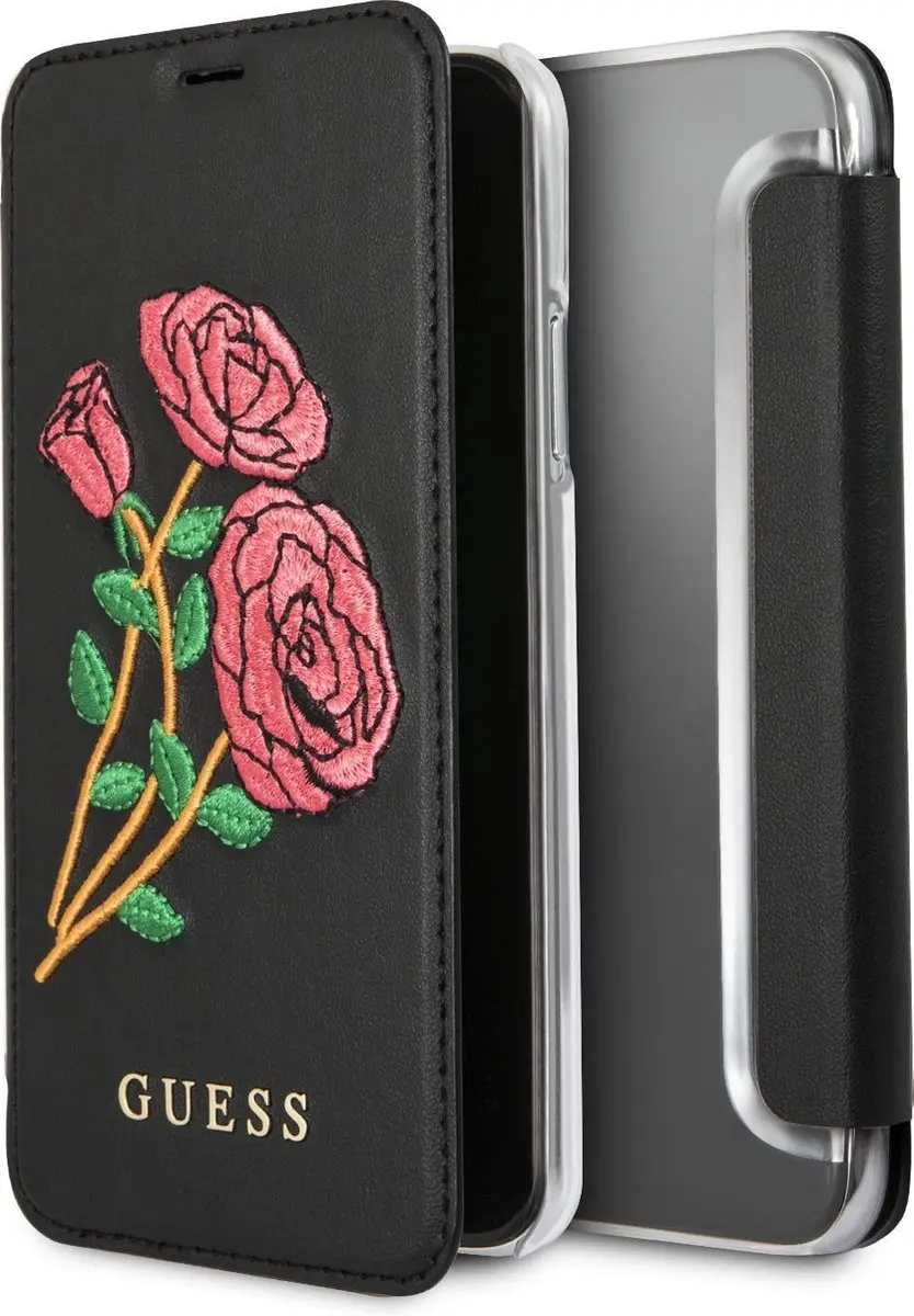 GUESS Geborduurde Rozen Lederen Booktype Hoes iPhone X/XS - 2 Pasjes - Zwart/Multi