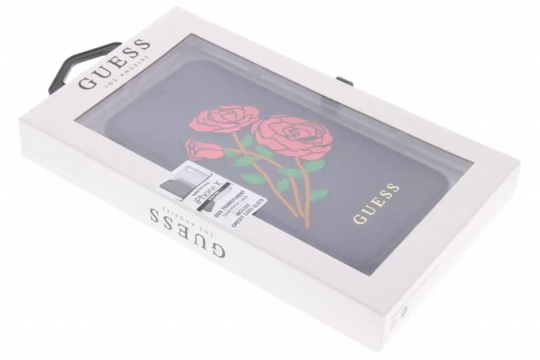 GUESS Geborduurde Rozen Lederen Booktype Hoes iPhone X/XS - 2 Pasjes - Zwart/Multi