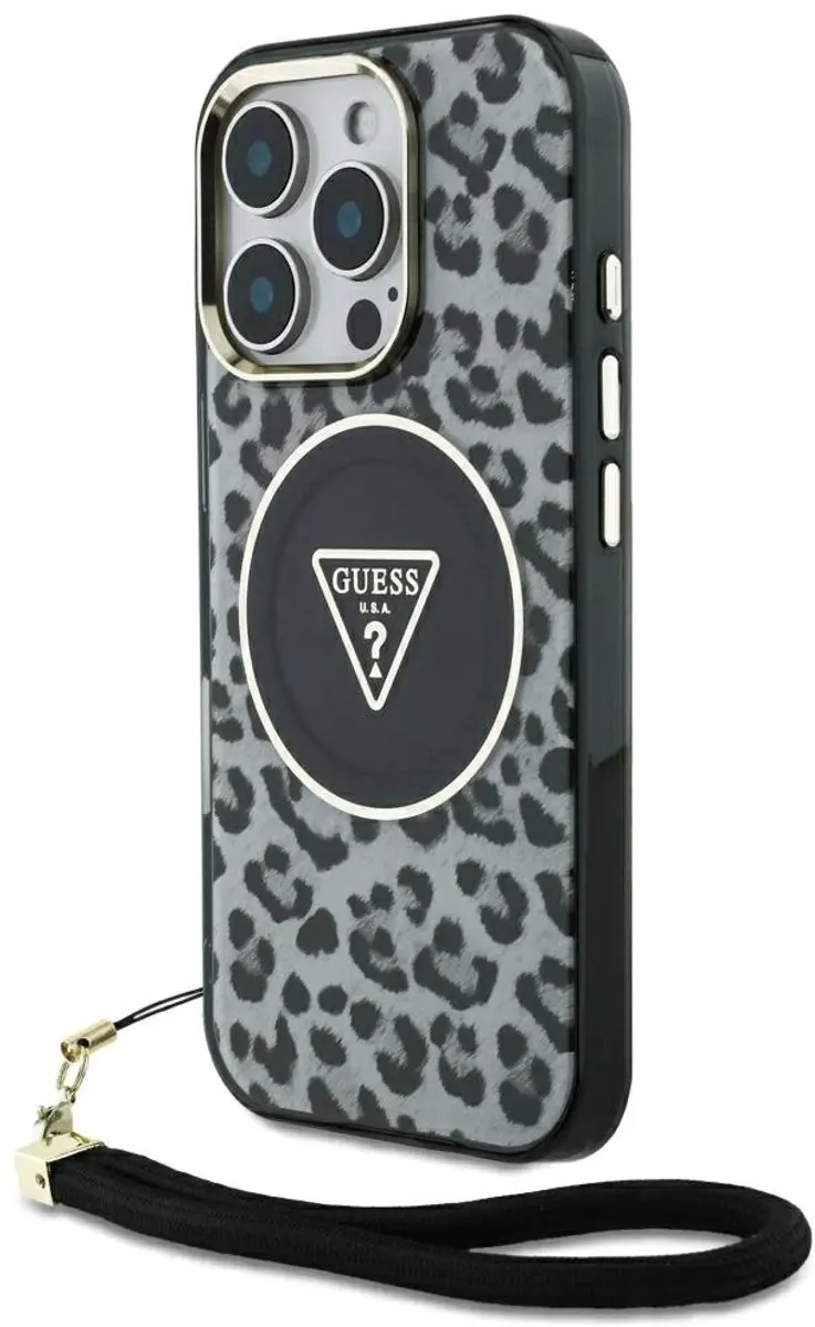 GUESS Case Leopard Driehoekige Koordband iPhone 16 Pro - Transparent