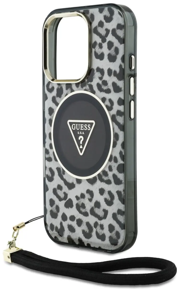 GUESS Case Leopard Driehoekige Koordband iPhone 16 Pro - Transparent