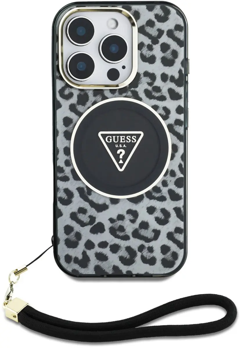 GUESS Case Leopard Driehoekige Koordband iPhone 16 Pro