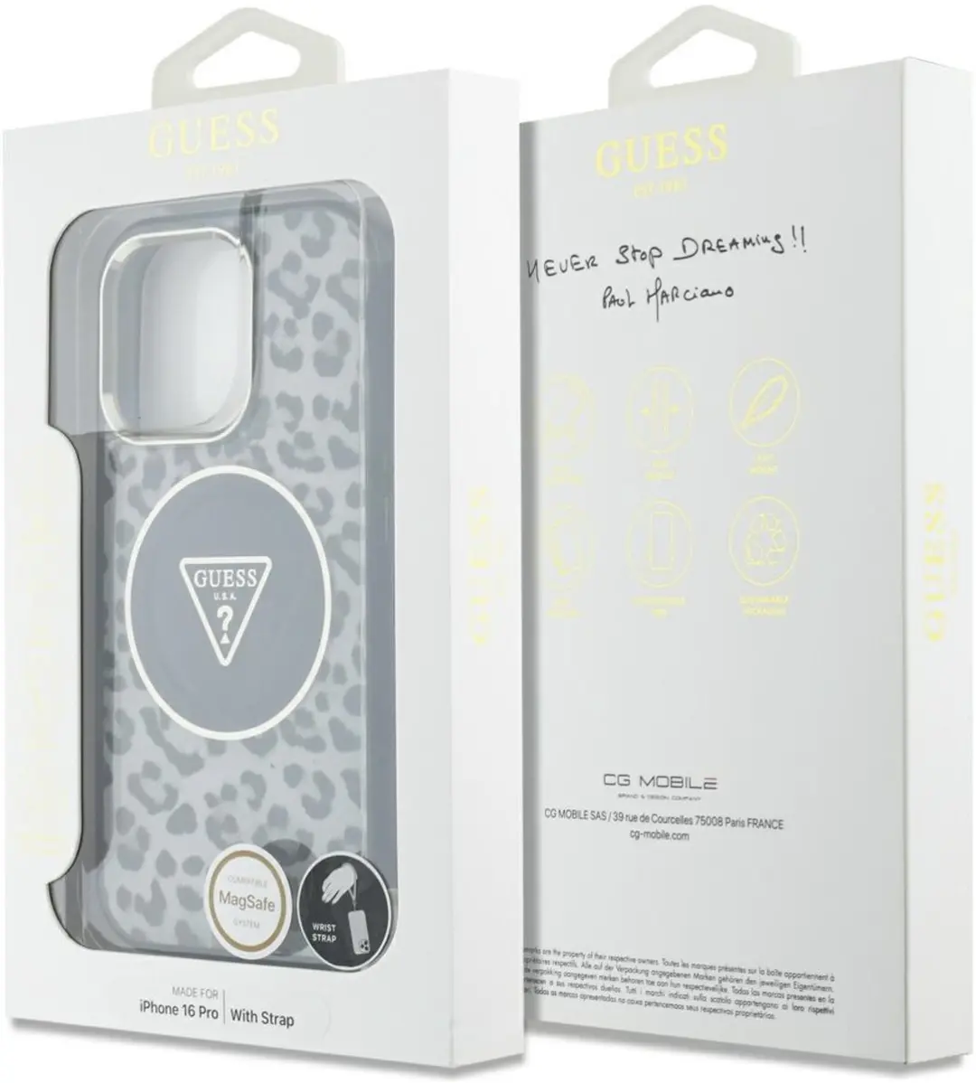 GUESS Case Leopard Driehoekige Koordband iPhone 16 Pro - Transparent