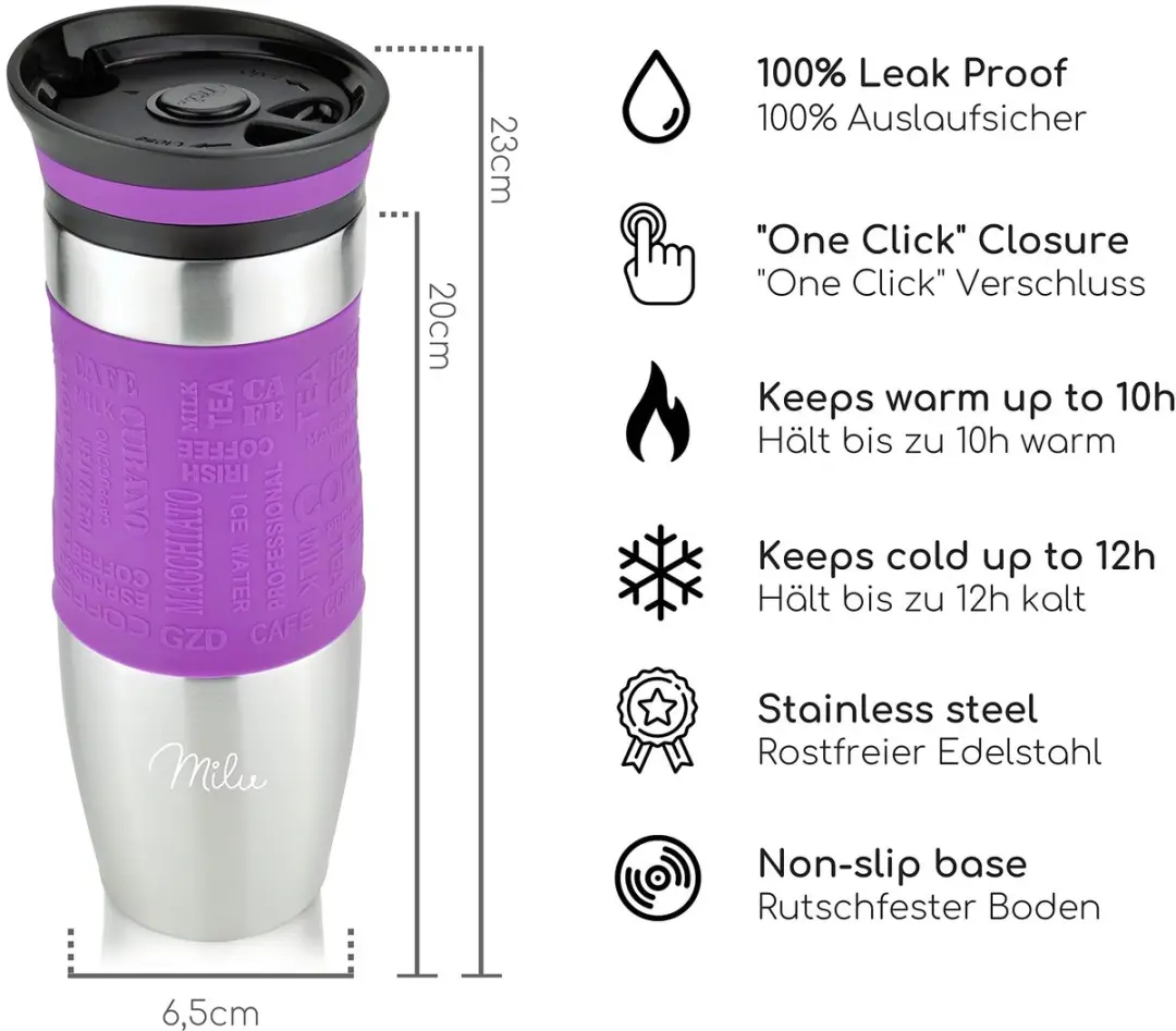 Milu Thermosbeker 450ml - Paars - Dubbelwandig - Vaatwasserveilig