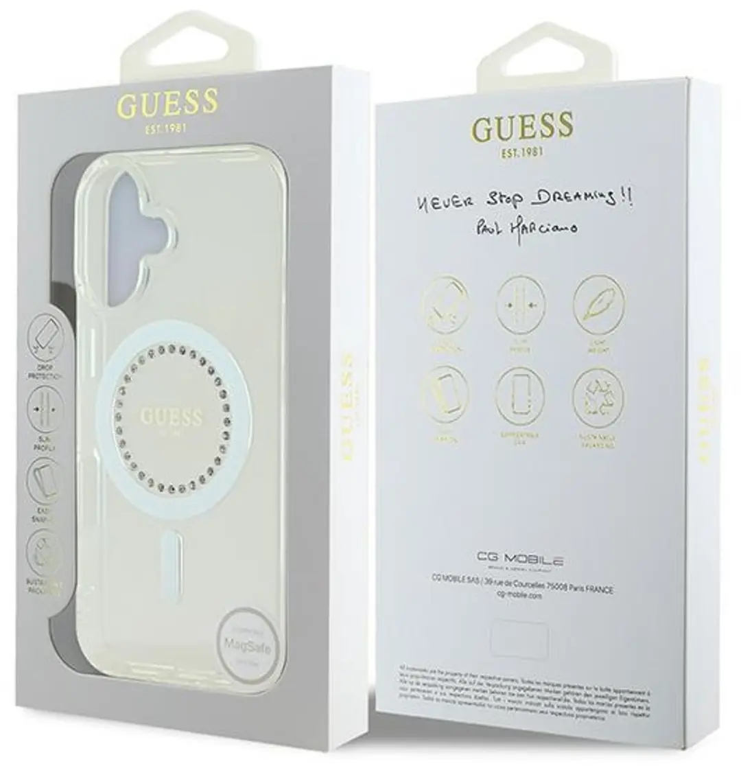 GUESS Beschermhoes iPhone 16 Strass Ring MagSafe - Wit GUHMP16SPFTDTEH - afbeelding 6 van 6