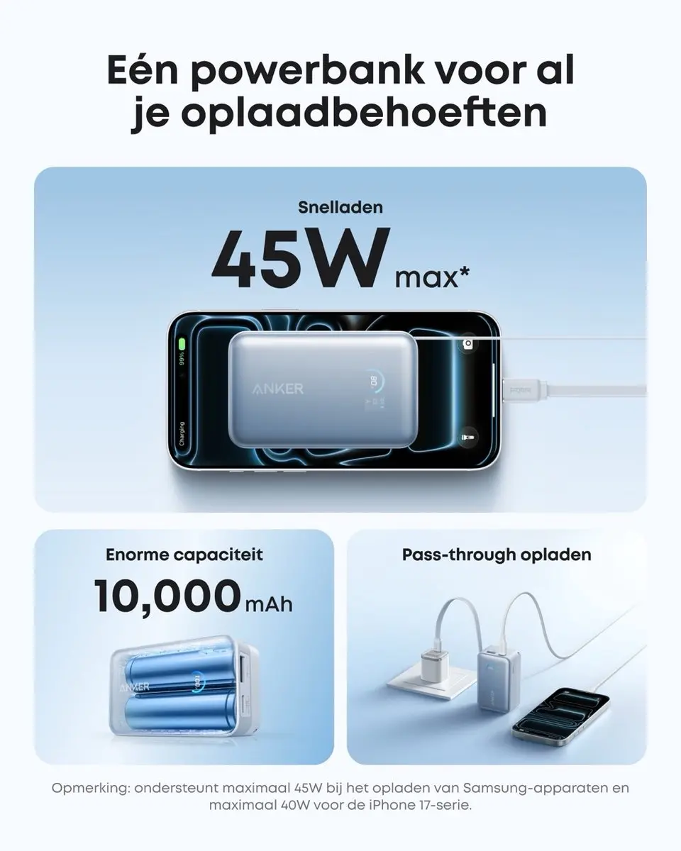Anker Nano Powerbank A1638H31 - 10.000mAh - 45W - Blauw