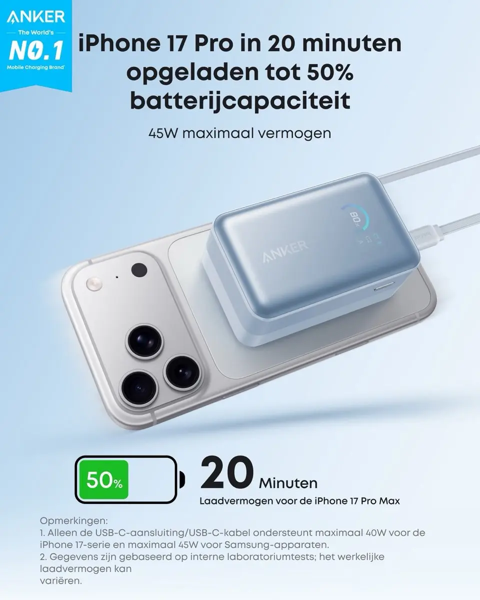 Anker Nano Powerbank A1638H31 - 10.000mAh - 45W - Blauw