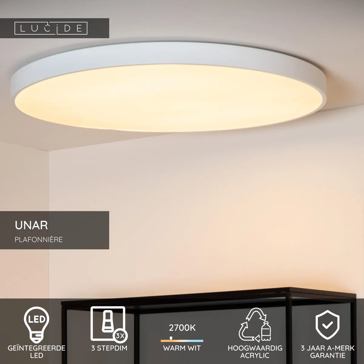 Lucide UNAR Plafondlamp Ø80cm - LED 80W 2700K Wit