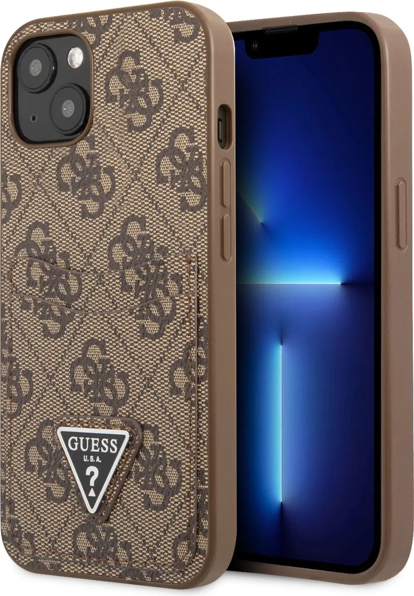 Guess Saffiano iPhone 13 Hoesje - Bruin - 2 Pasjes